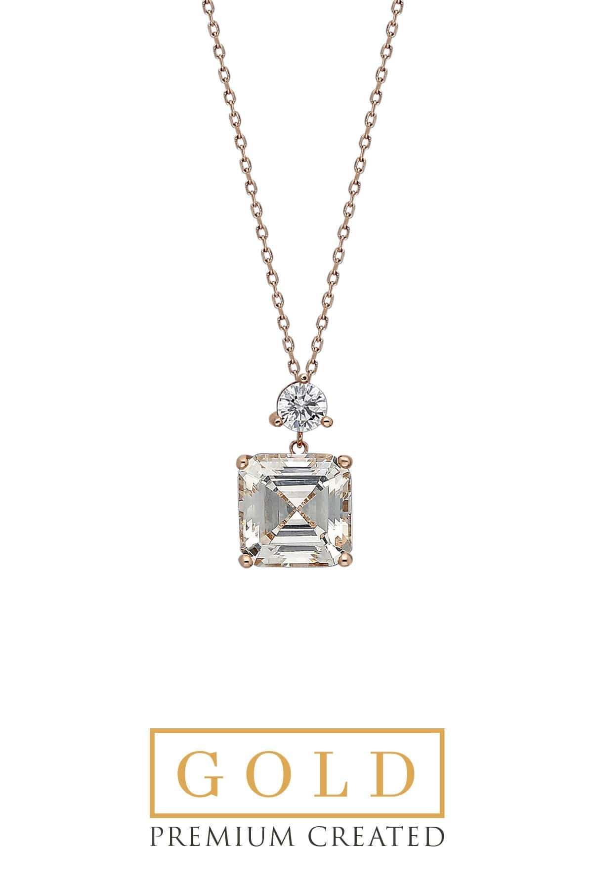 14 K Rose Gold Certified Premium Created Stone Ascher Cut Solitaire Necklace 42 Cm SoChic