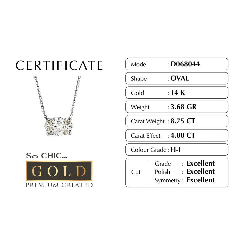 14 K White Gold Certified Premium Created Stone Oval Solitaire Necklace 42 Cm SoChic