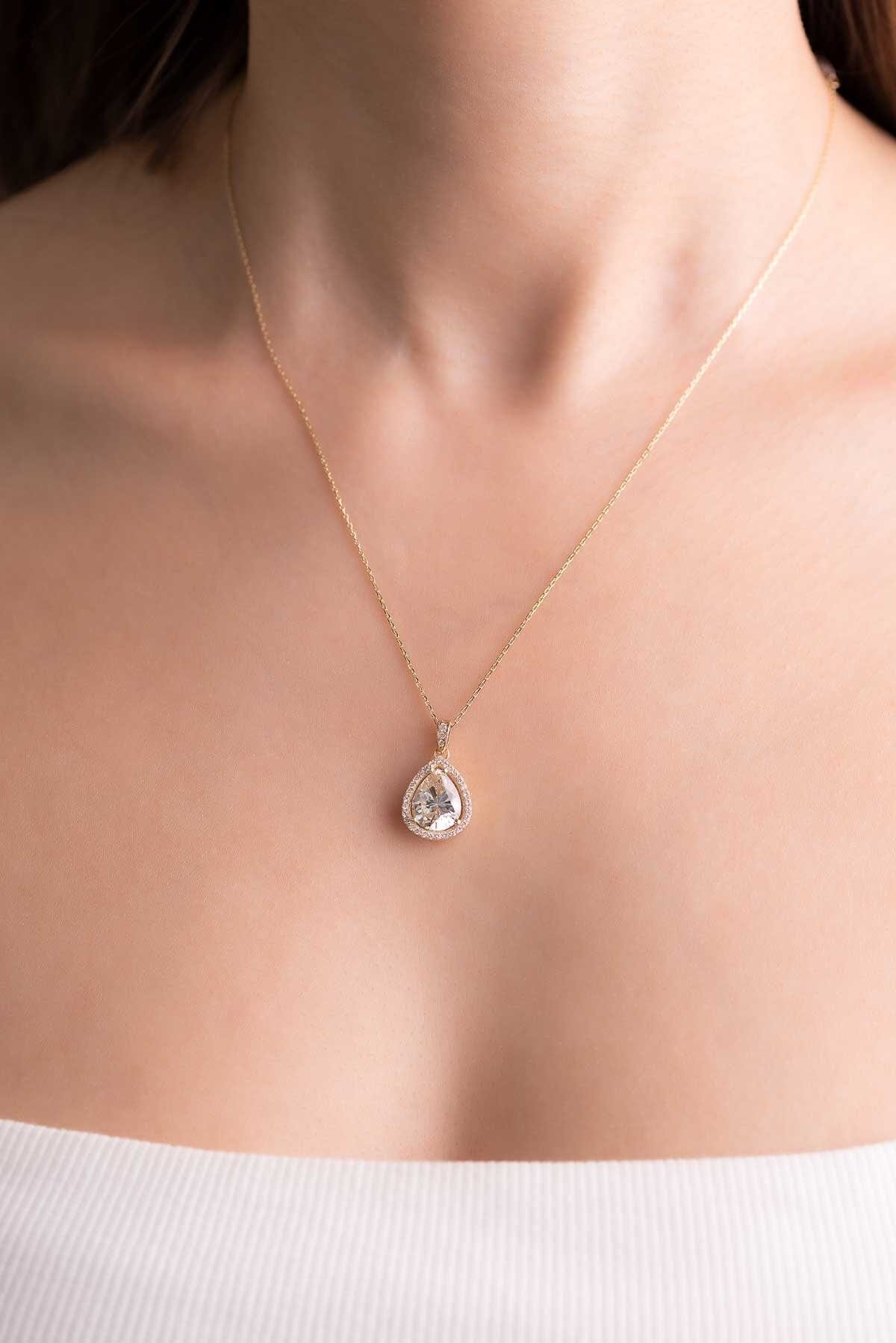 14 K Yellow Gold Certified Gold Premium Created Stone Drop Solitaire Necklace SoChic
