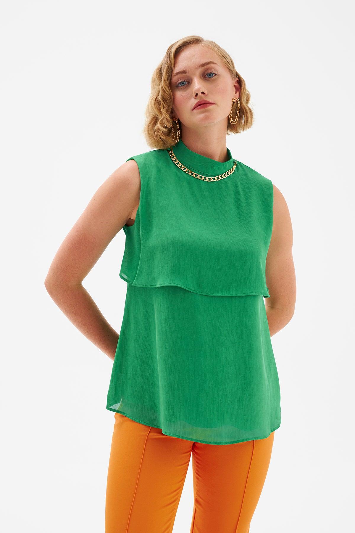 Accessory Detailed Ruffle Blouse Green / S / 4 ZEFASH