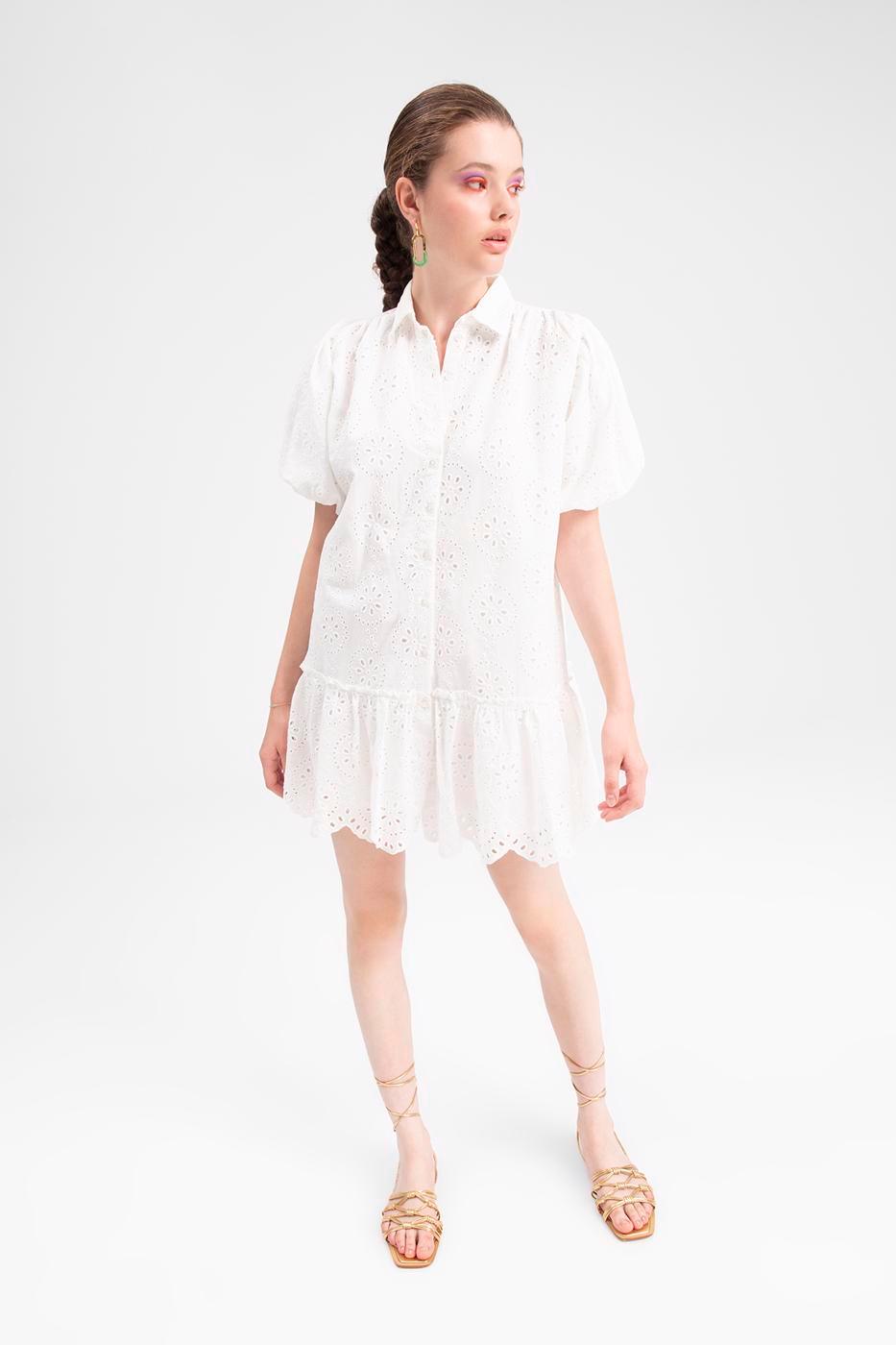 Balloon Sleeve Mini Loose Shirt Dress White / XS / 2 ZEFASH