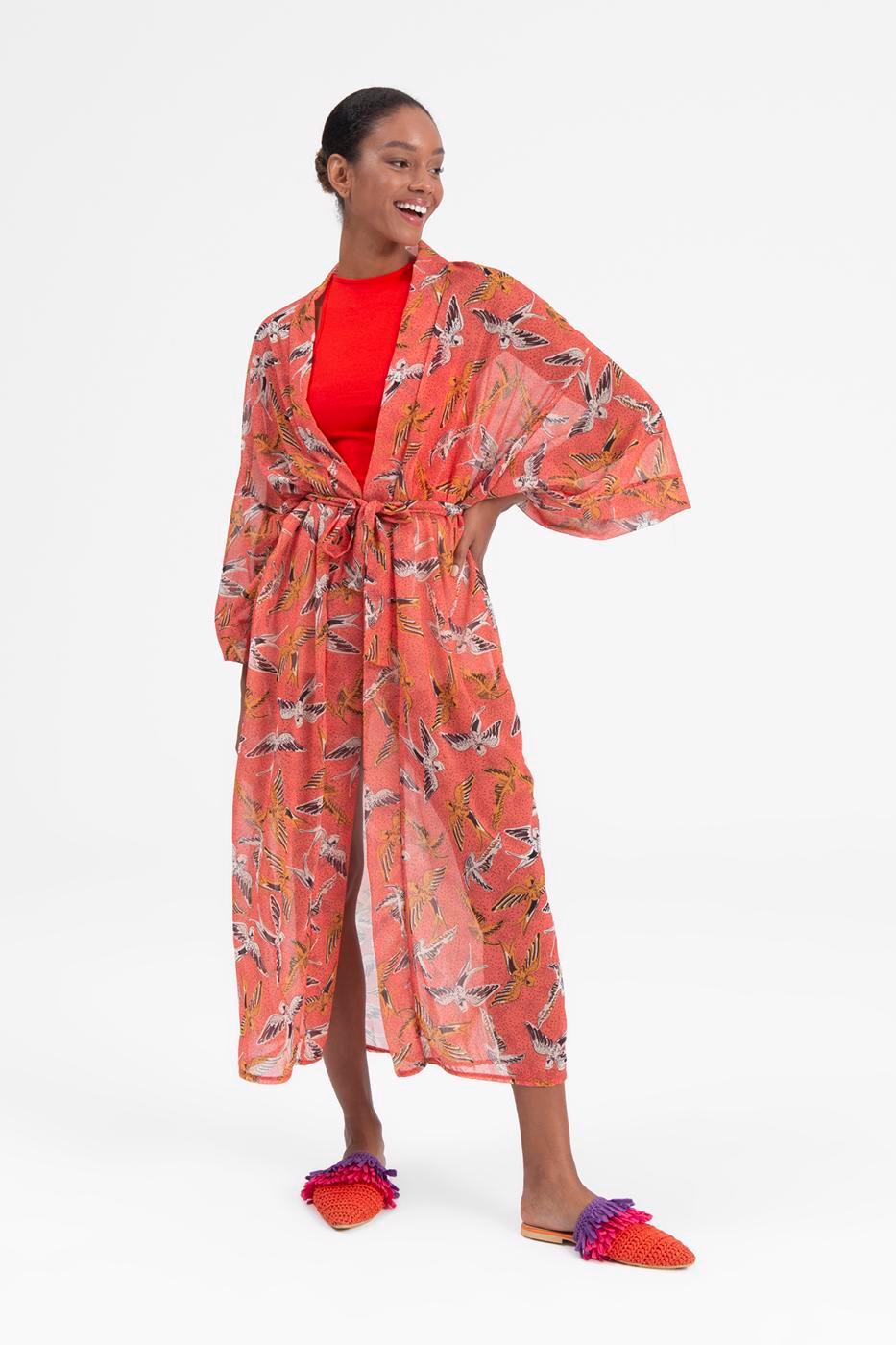 Belt Detailed Bat Sleeve Kimono Pink / One Size ZEFASH