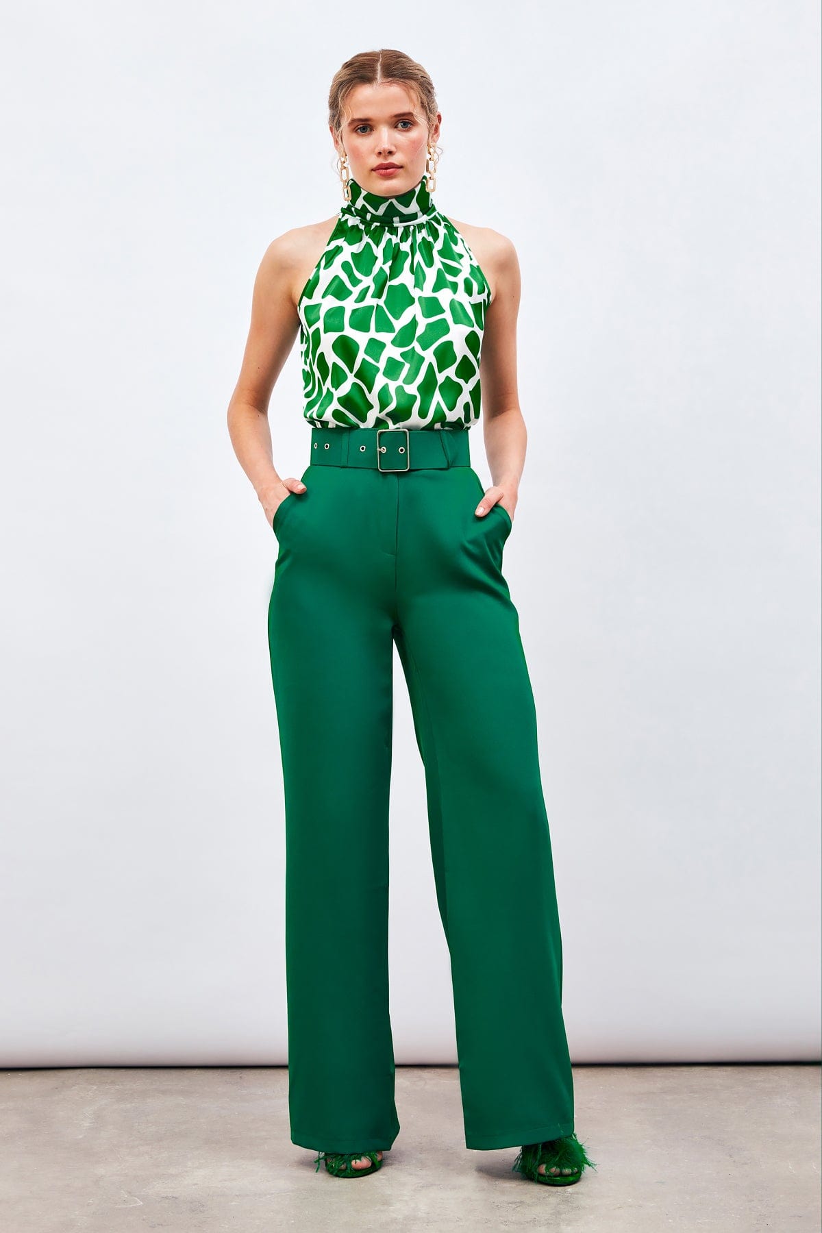 Belted Wide Leg Trousers Green / XL / 10 ZEFASH