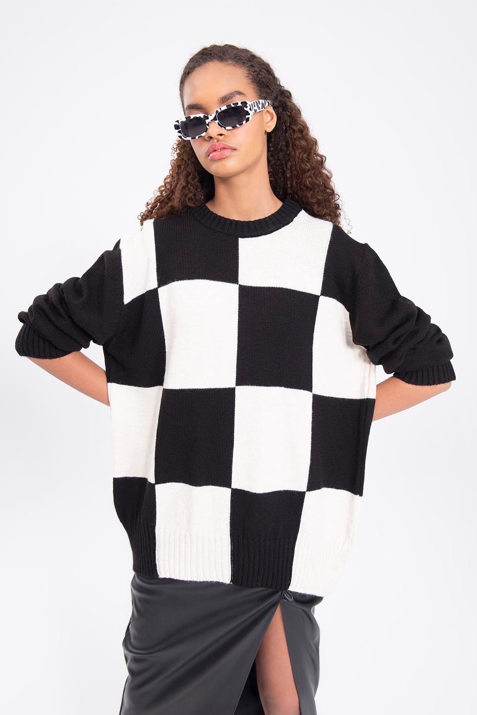 Black White Checkered Crew Neck Knitwear Sweater Black White / XS / 2 ZEFASH