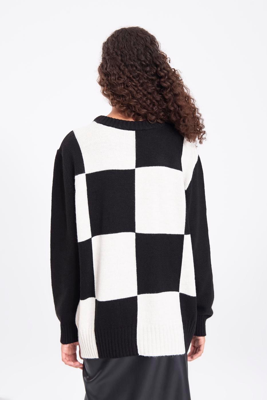 Black White Checkered Crew Neck Knitwear Sweater ZEFASH