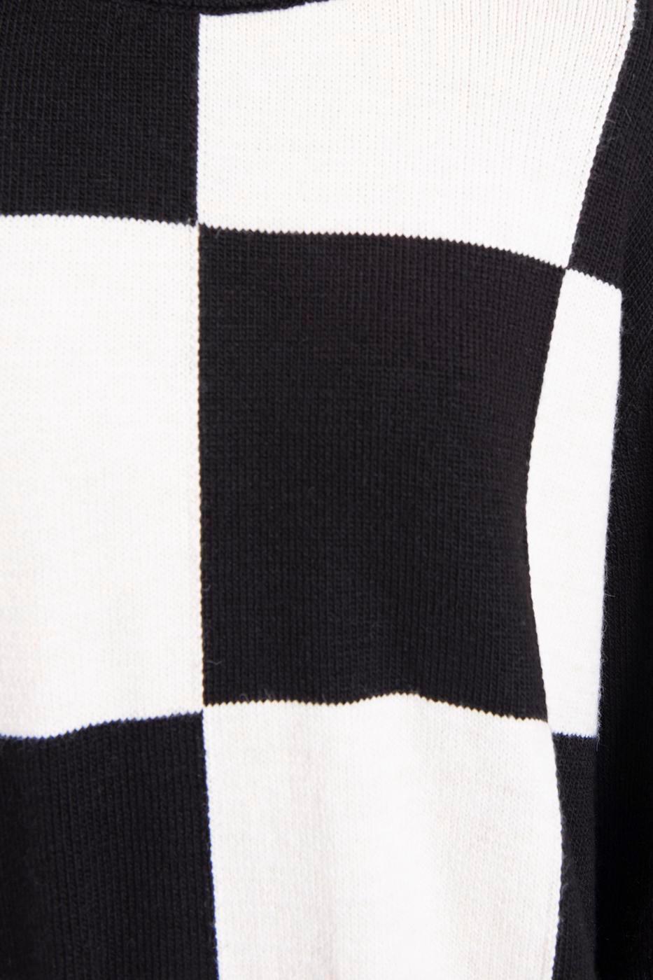 Black White Checkered Crew Neck Knitwear Sweater ZEFASH