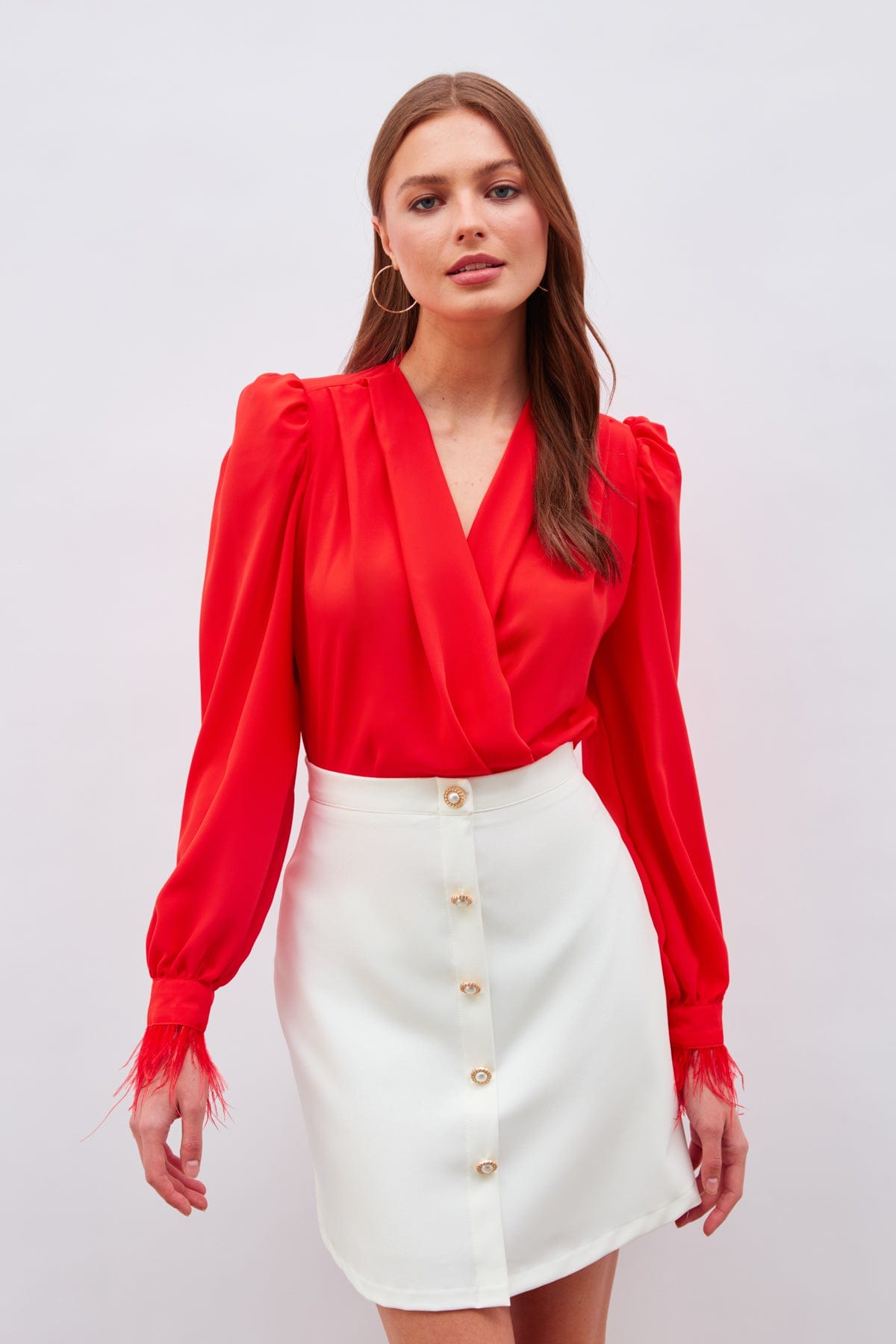 Bodysuit Blouse With Sleeve Feather Detail Coral / L / 8 ZEFASH