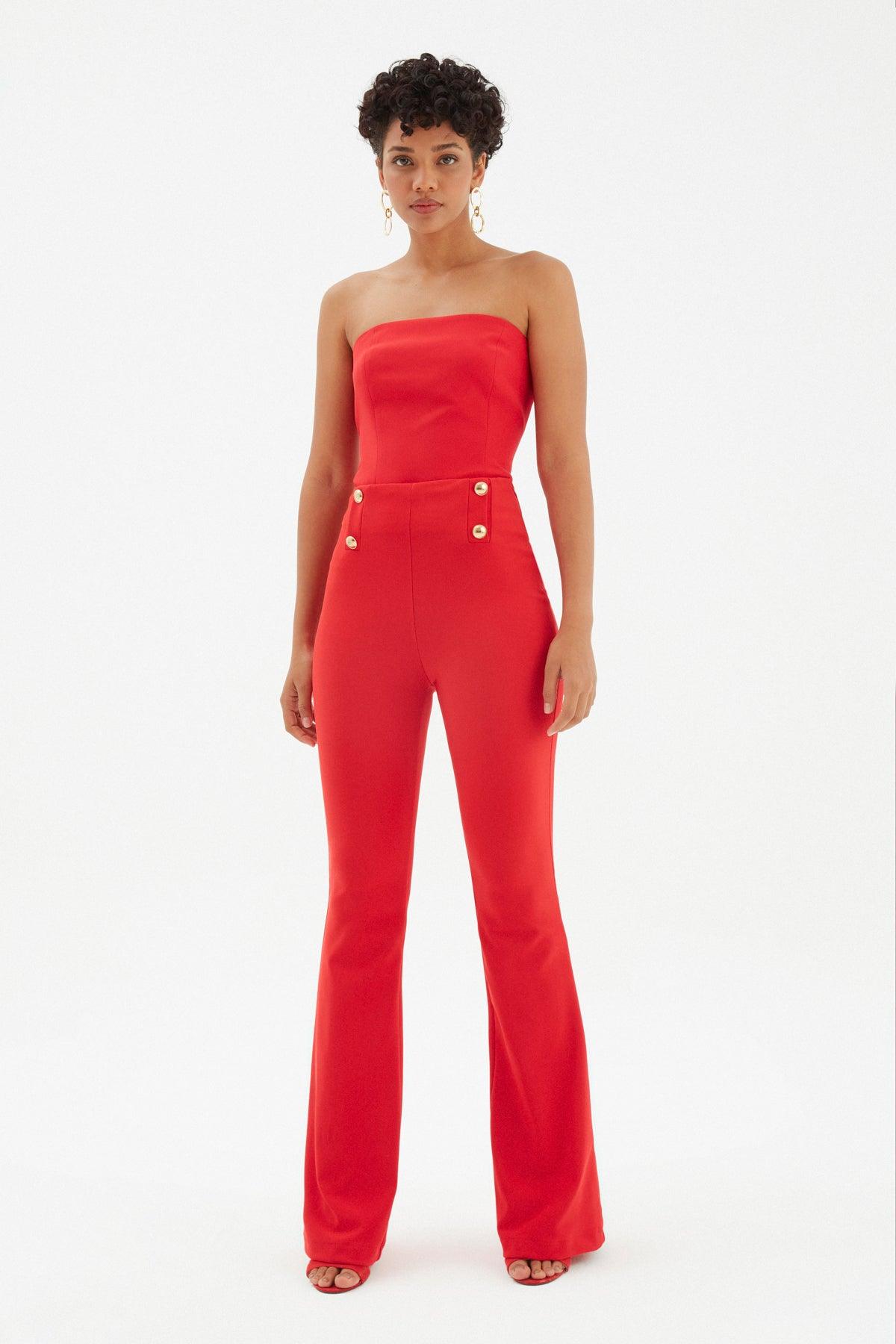Button Accessory Wide Leg Trousers Red / S / 4 ZEFASH