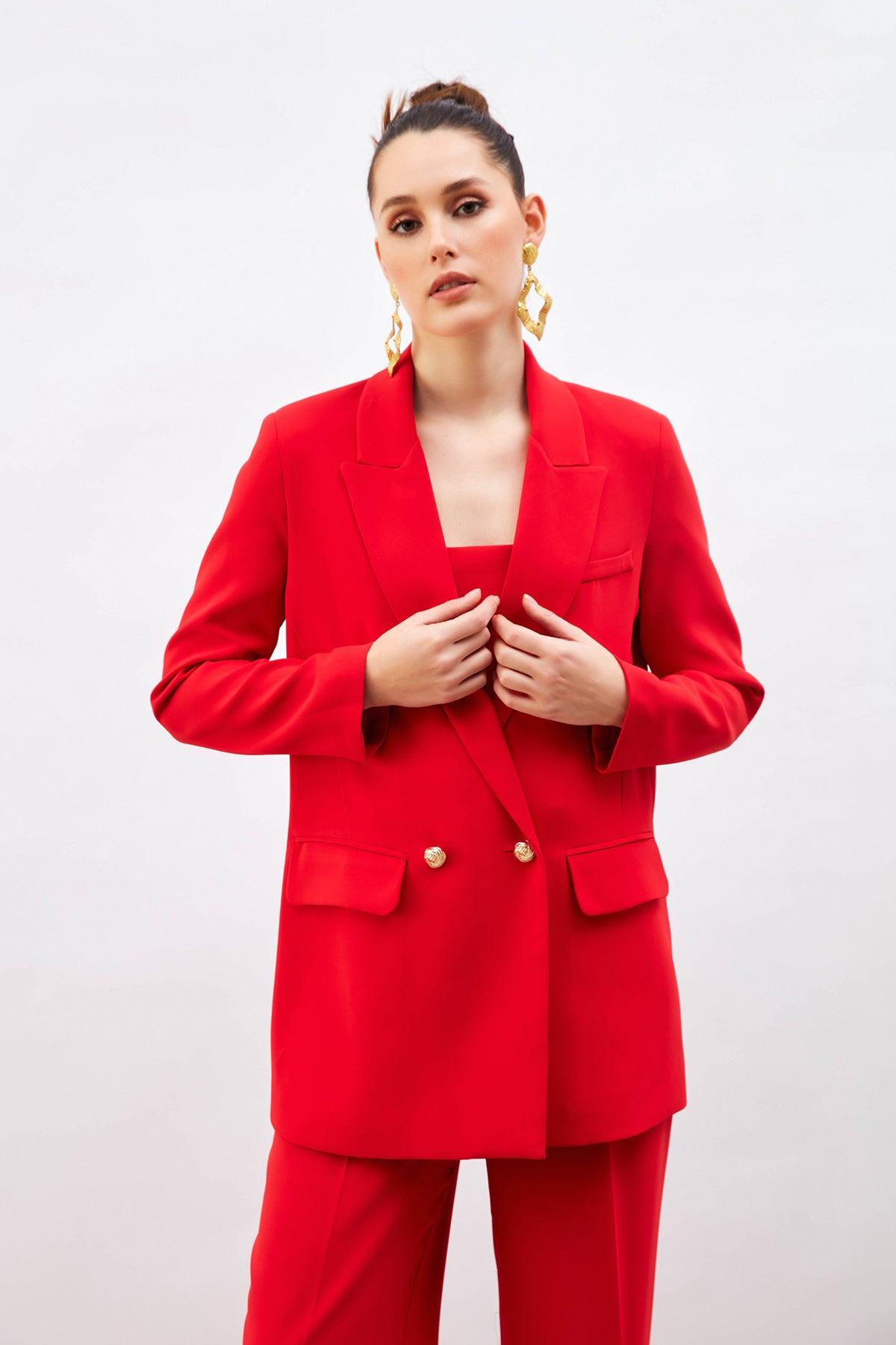 Button Detailed Loose Jacket Red / S / 4 ZEFASH