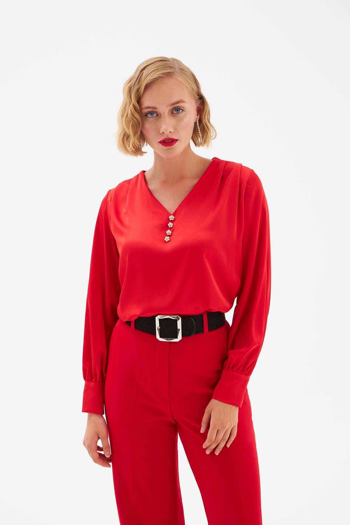 Button Detailed Satin Blouse Red / S / 4 ZEFASH