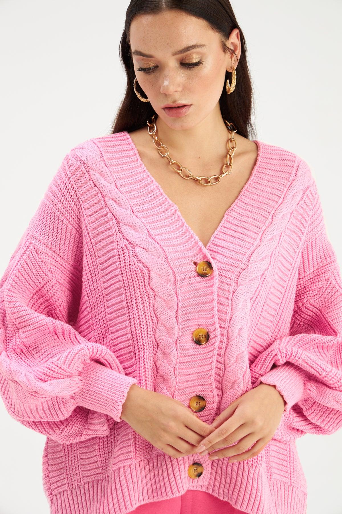 Buttoned Oversize Knit Cardigan Pink / One Size ZEFASH