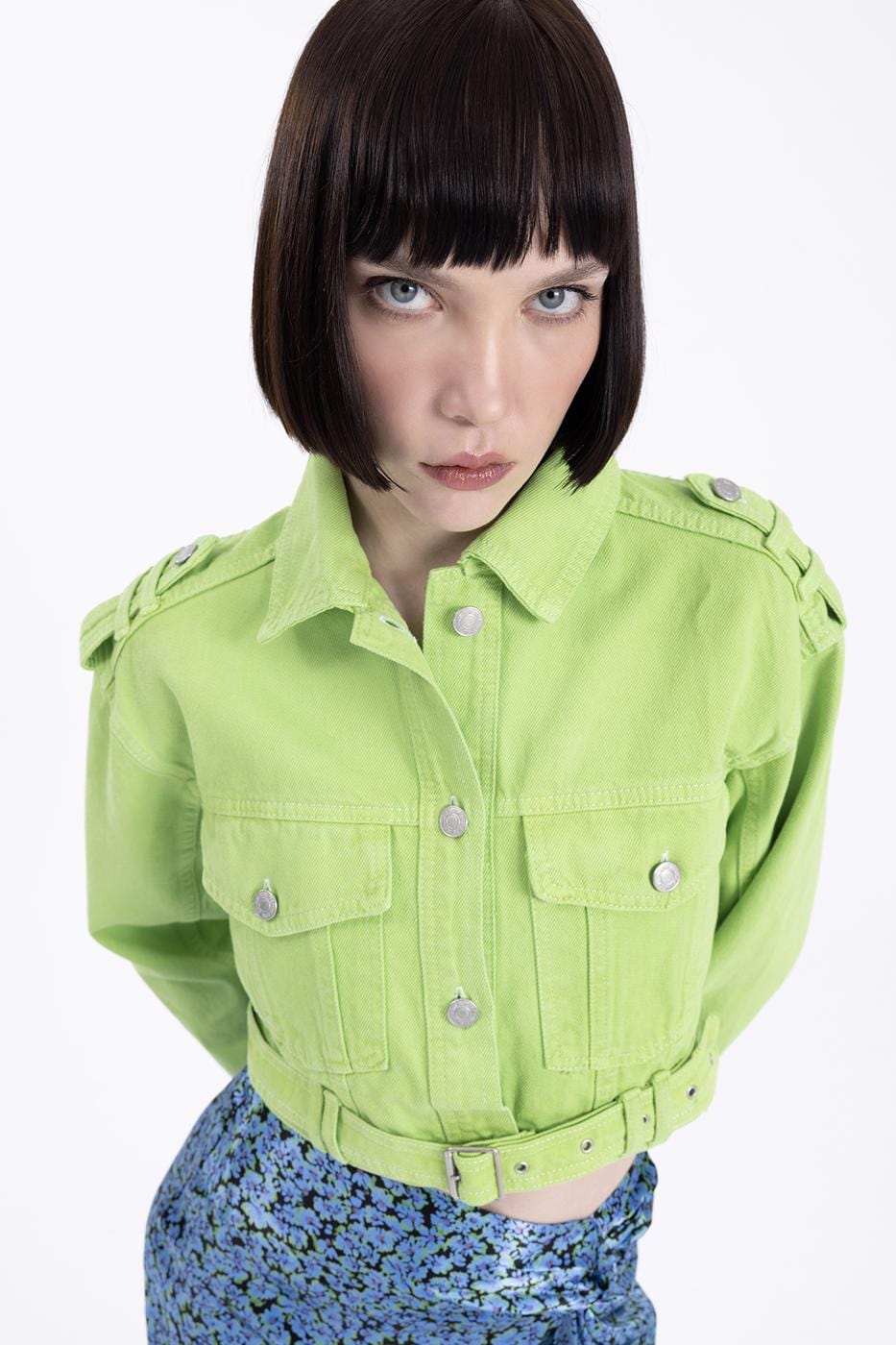Contrast Stitched Crop Jacket Green / XS / 2 ZEFASH