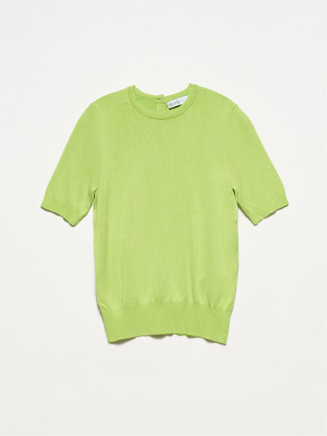 Crew Neck Buttoned Short Sleeve Sweater Apple Green / One Size ZEFASH