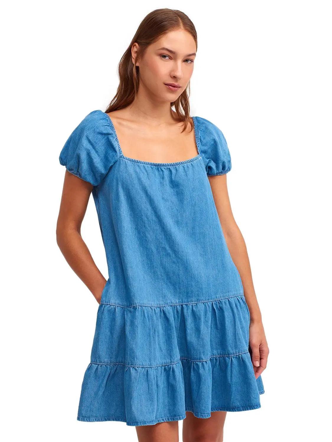 Denim Dress With Elasticized Sleeves And Shoulders Blue / XS / 2 ZEFASH
