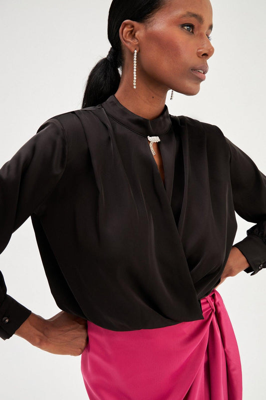Double Breasted Accessory Detailed Satin Blouse Black / S / 4 ZEFASH