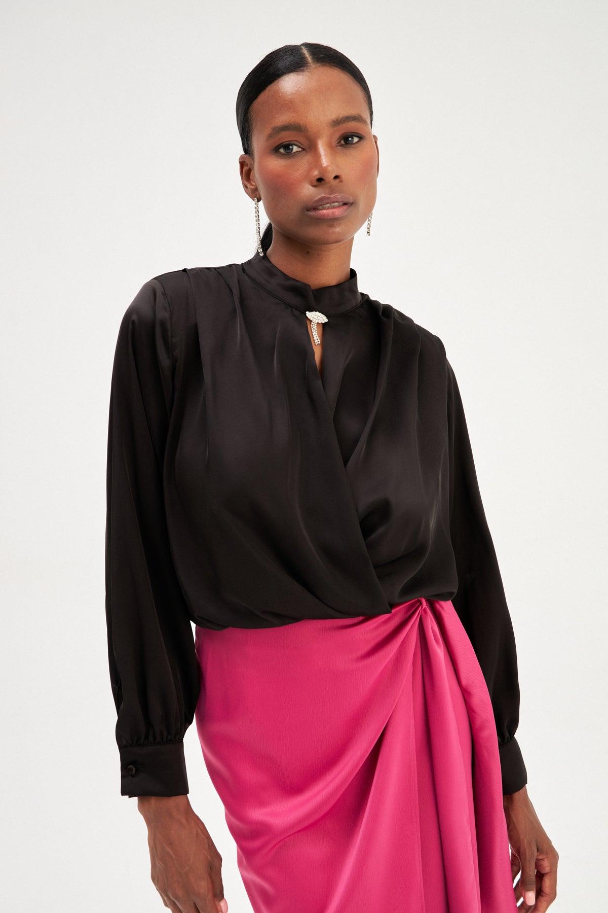 Double Breasted Accessory Detailed Satin Blouse ZEFASH