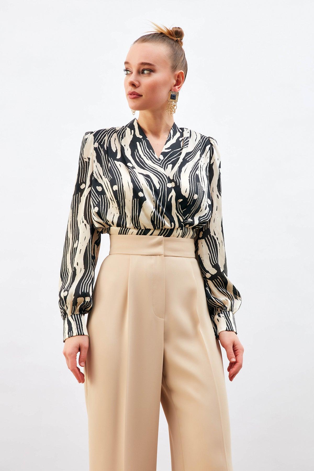 Double Breasted Collar Patterned Blouse ZEFASH