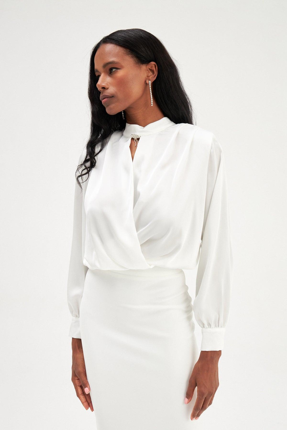 Double Breasted Satin Blouse With Accessory Detail ZEFASH