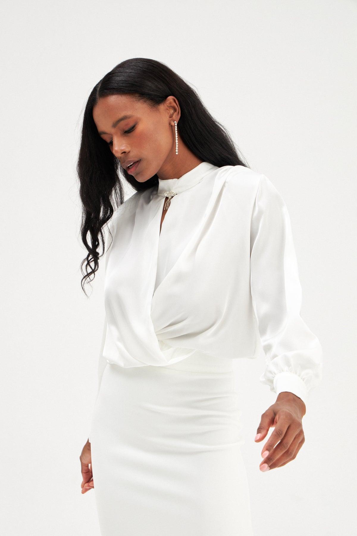 Double Breasted Satin Blouse With Accessory Detail ZEFASH