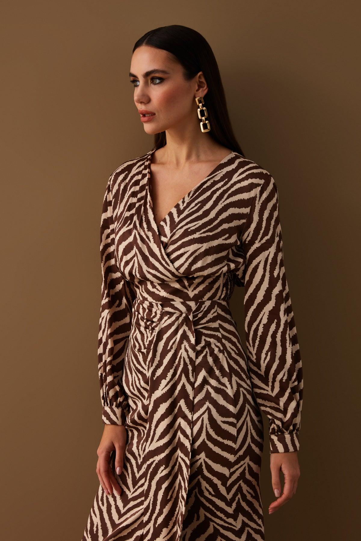 Double Breasted Zebra Patterned Satin Blouse Brown / S / 4 ZEFASH