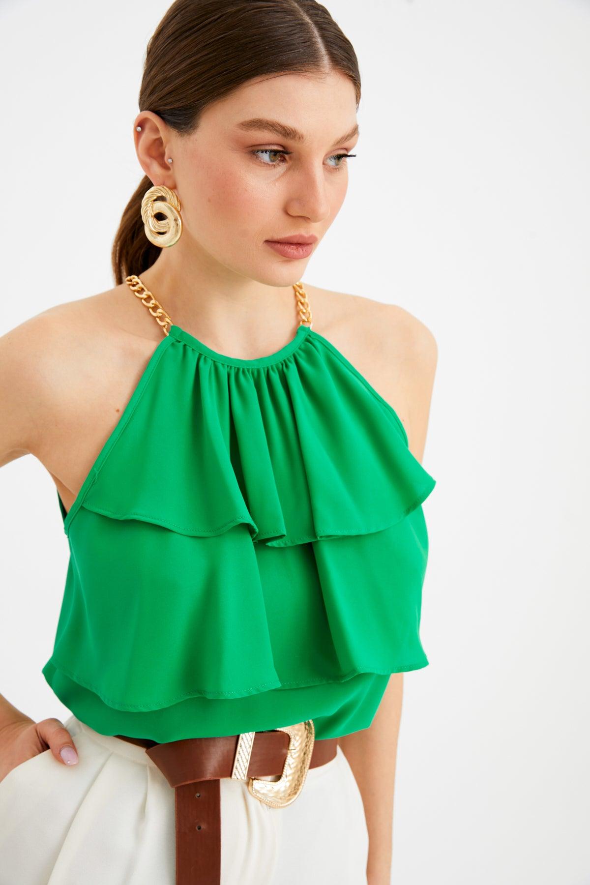 Flared Blouse With Chain Detail Green / S / 4 ZEFASH