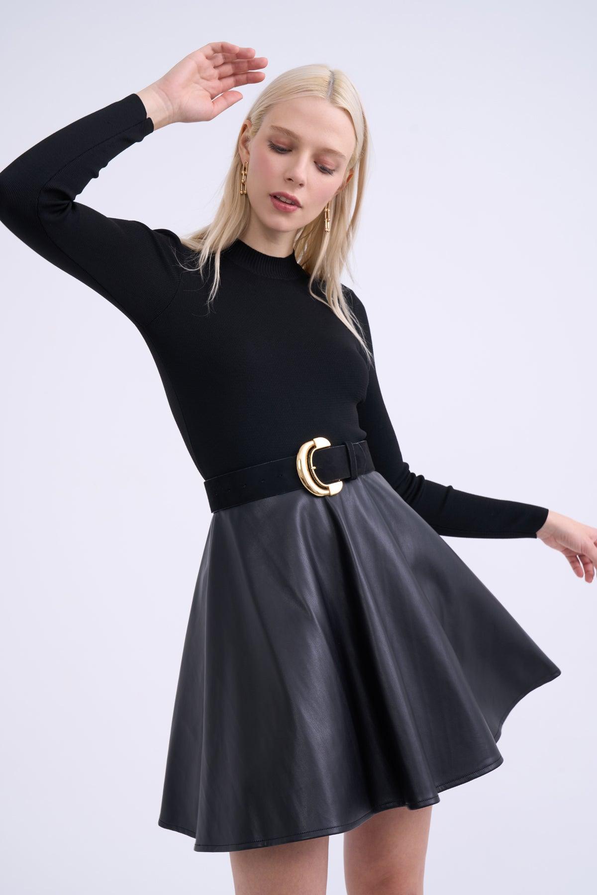 Flared Mini Leather Skirt Black / S / 4 ZEFASH