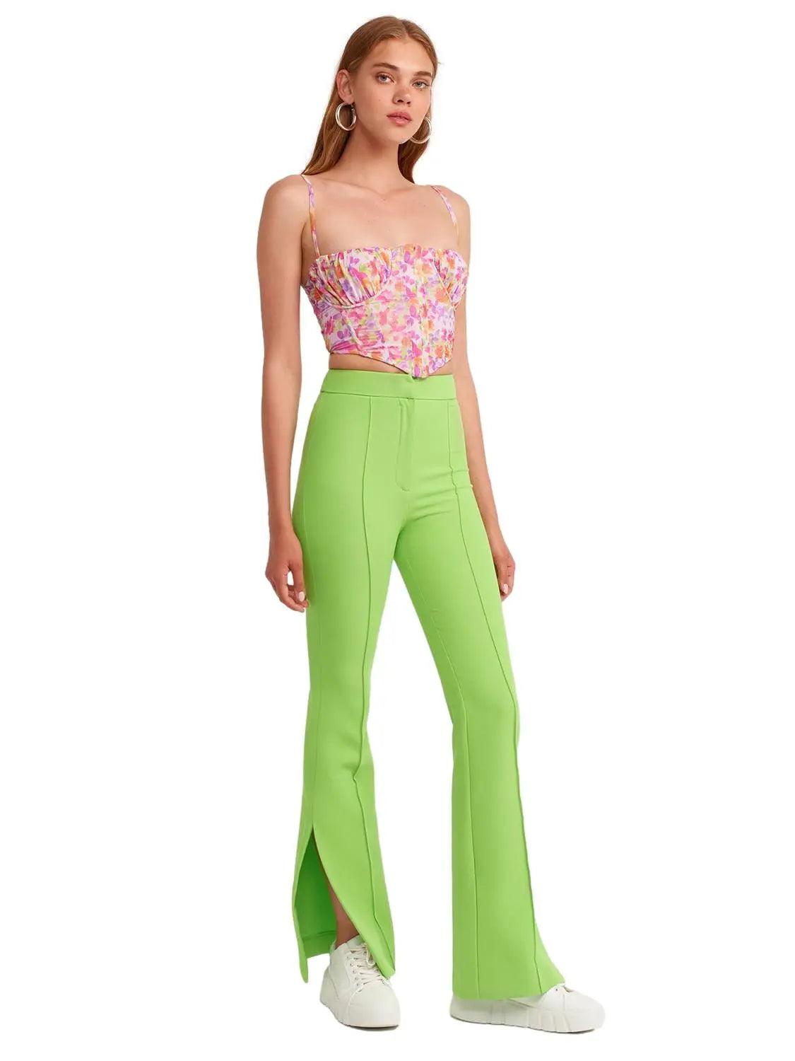 Flared Trousers With Slits Green / M / 6 ZEFASH