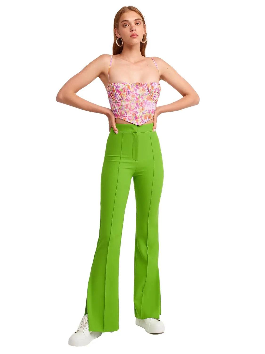 Flared Trousers With Slits Green / S / 4 ZEFASH