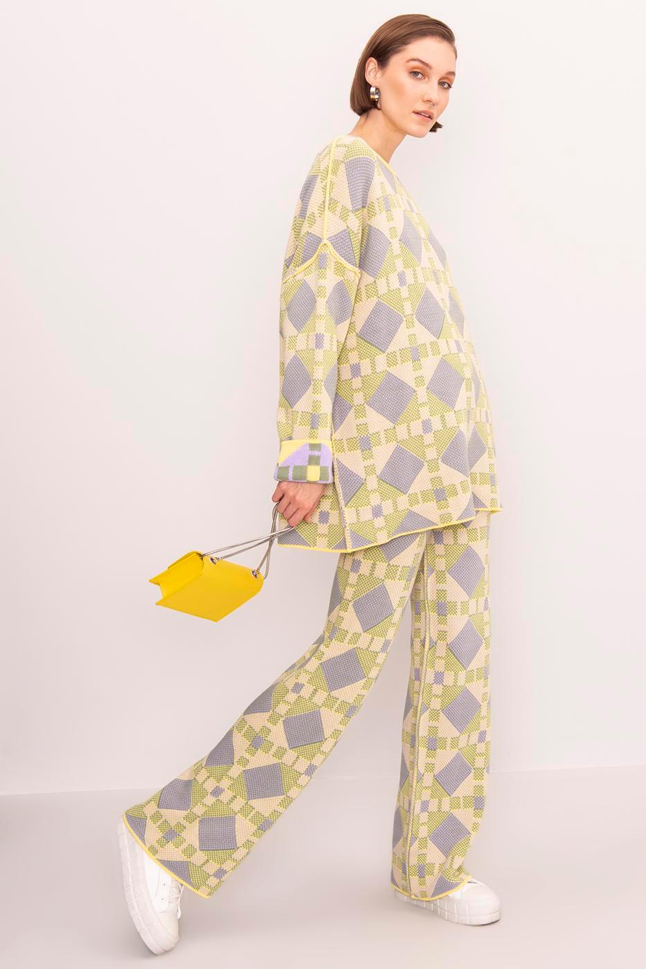 Geometric Patterned Wide Leg Knitwear Trousers Yellow / XS / 2 ZEFASH