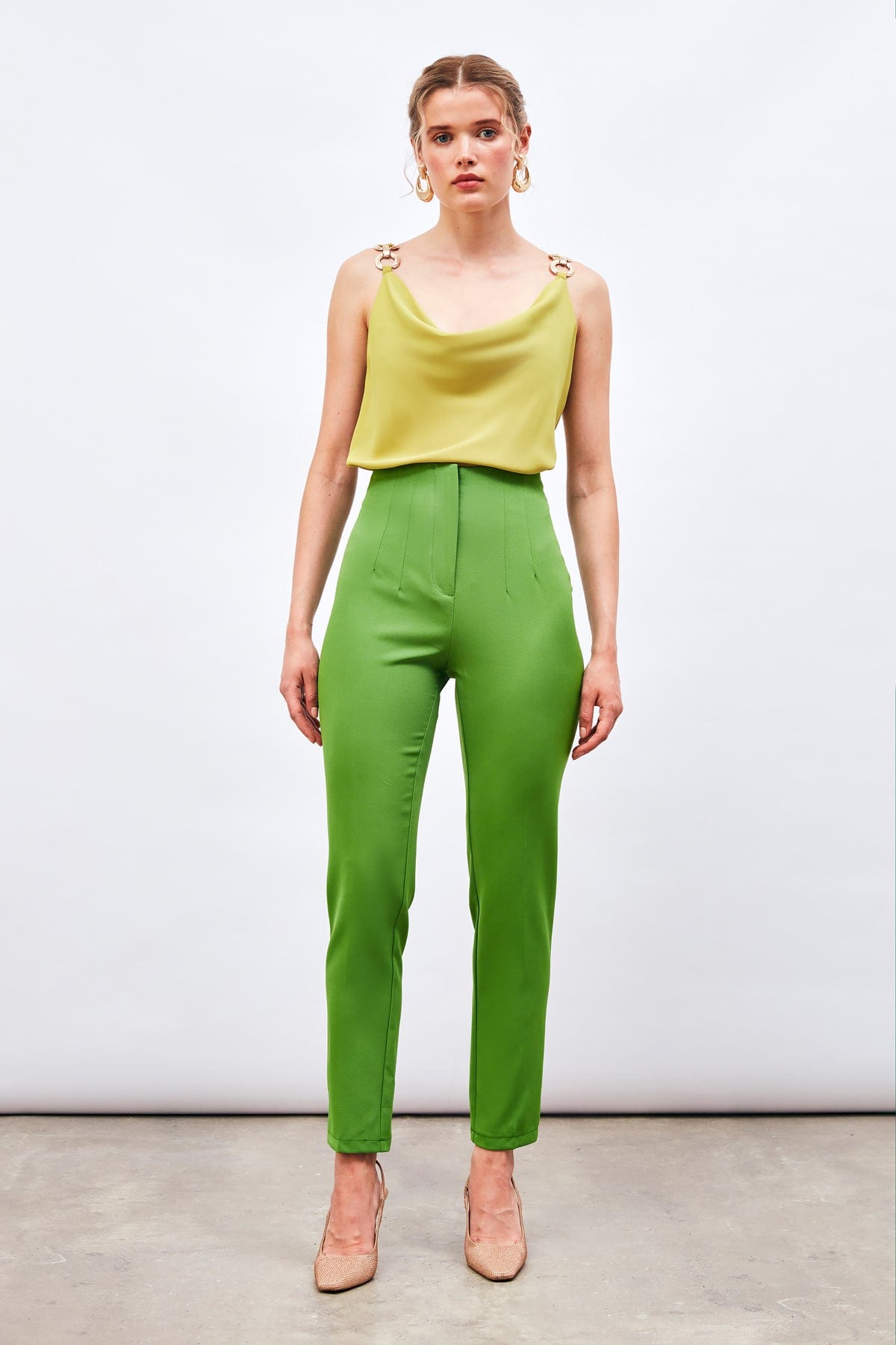 High Waist Collared Trousers Light Green / XL / 10 ZEFASH