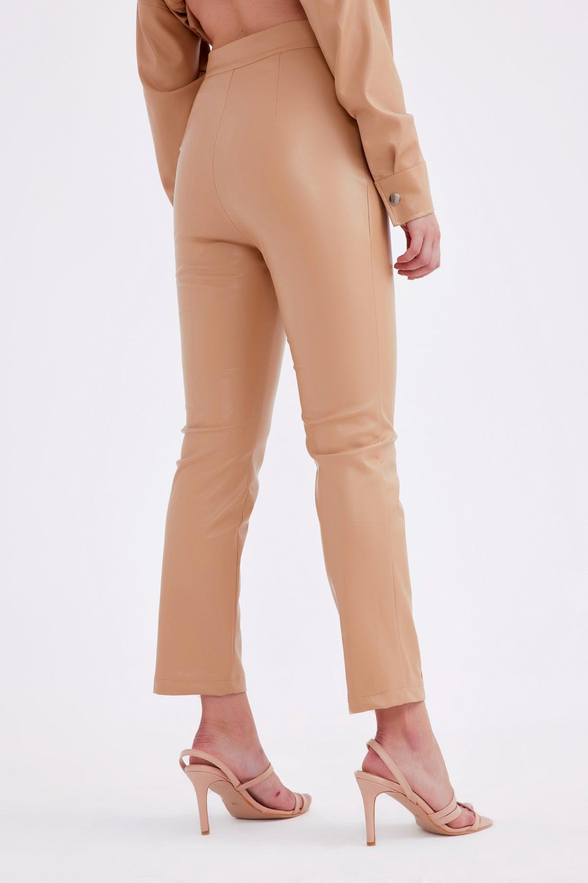 High Waist Ribbed Leather Trousers ZEFASH