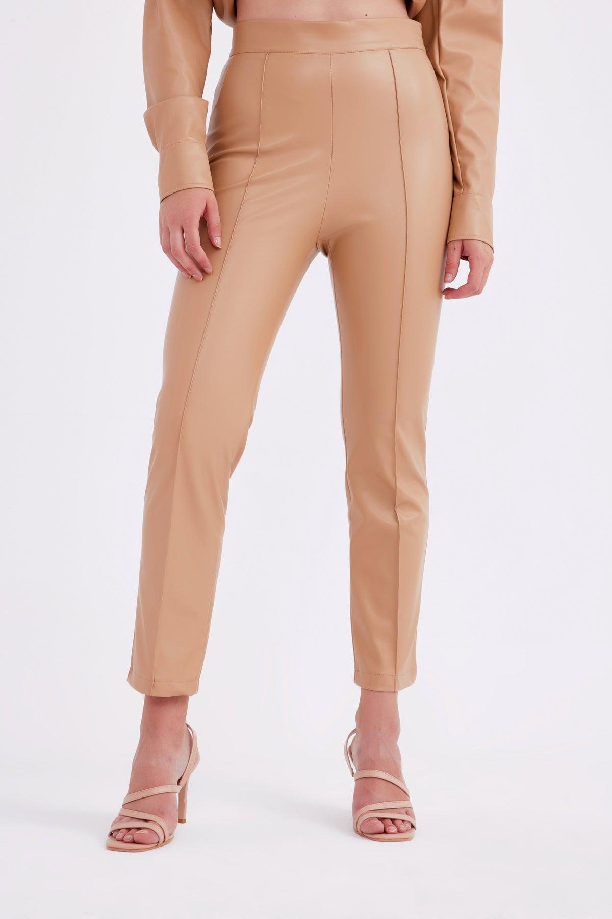High Waist Ribbed Leather Trousers ZEFASH