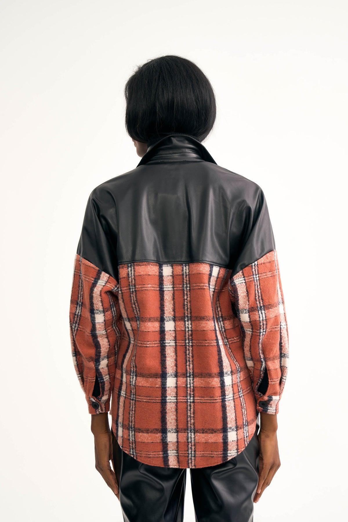 Leather Detailed Lumberjack Shirt Jacket ZEFASH