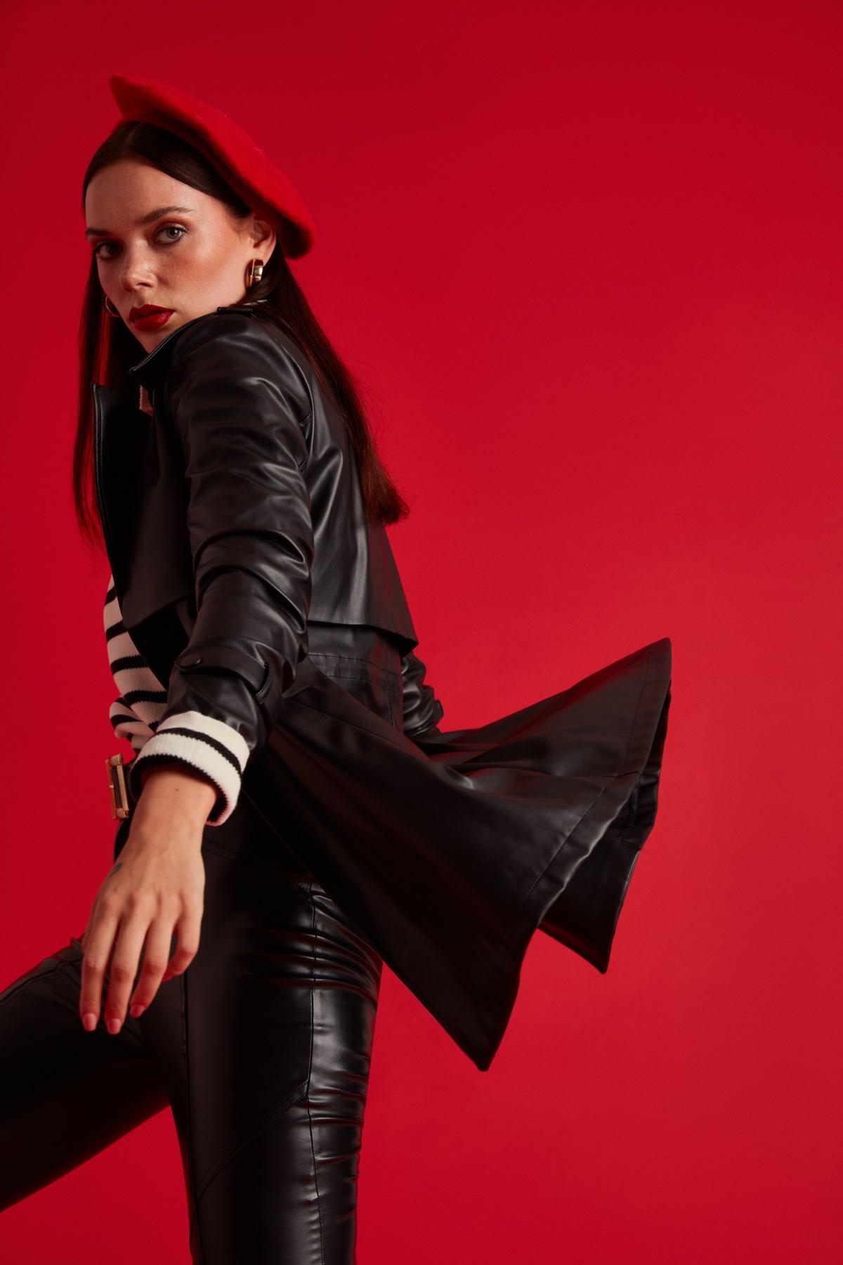 Leather Jacket With Ruffle Detail Black / S / 4 ZEFASH