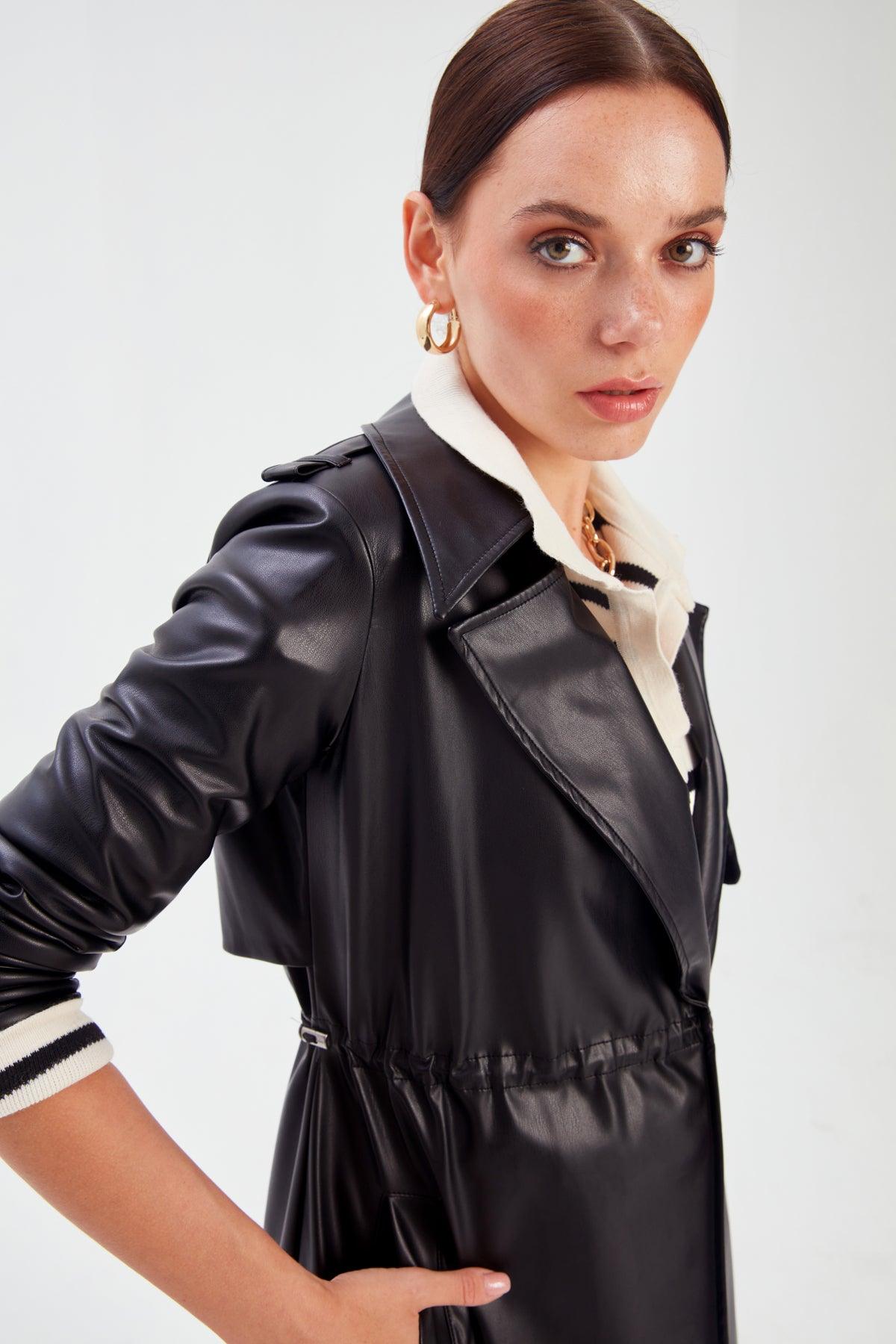 Leather Jacket With Ruffle Detail ZEFASH