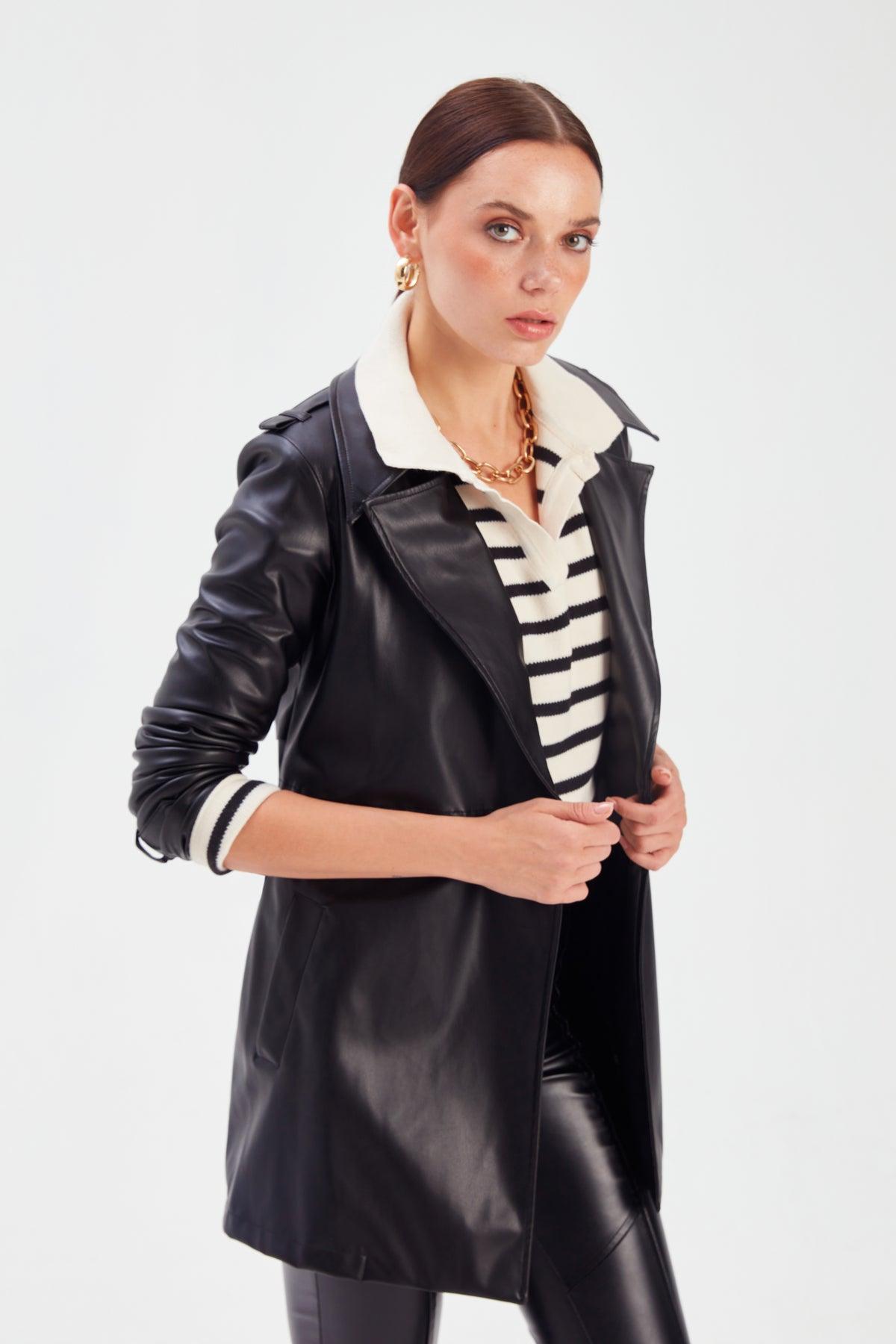Leather Jacket With Ruffle Detail ZEFASH