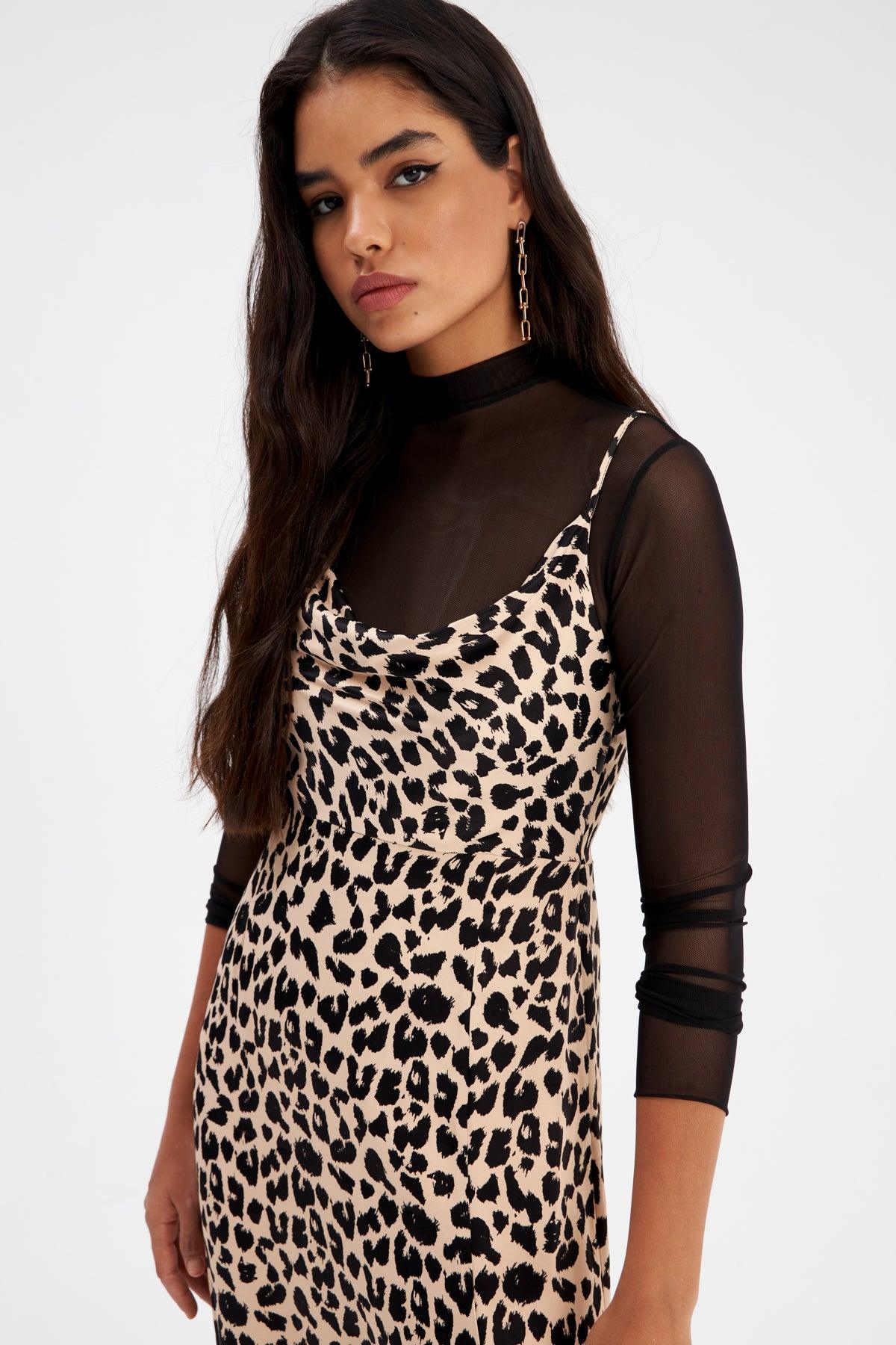 Leopard Patterned Satin Dress ZEFASH