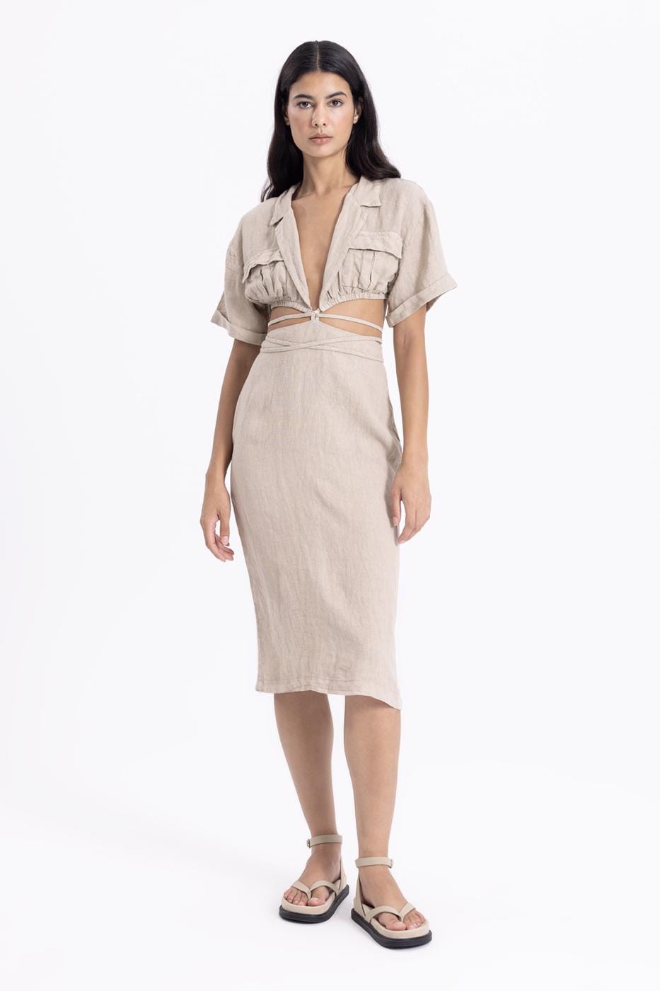 Linen Narrow Midi Skirt With Tie Detail Beige / XS / 2 ZEFASH