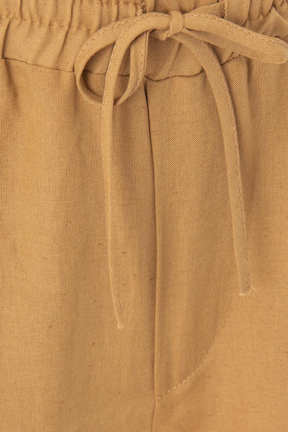 Linen Trousers With Taba Waist Elastic Detail ZEFASH