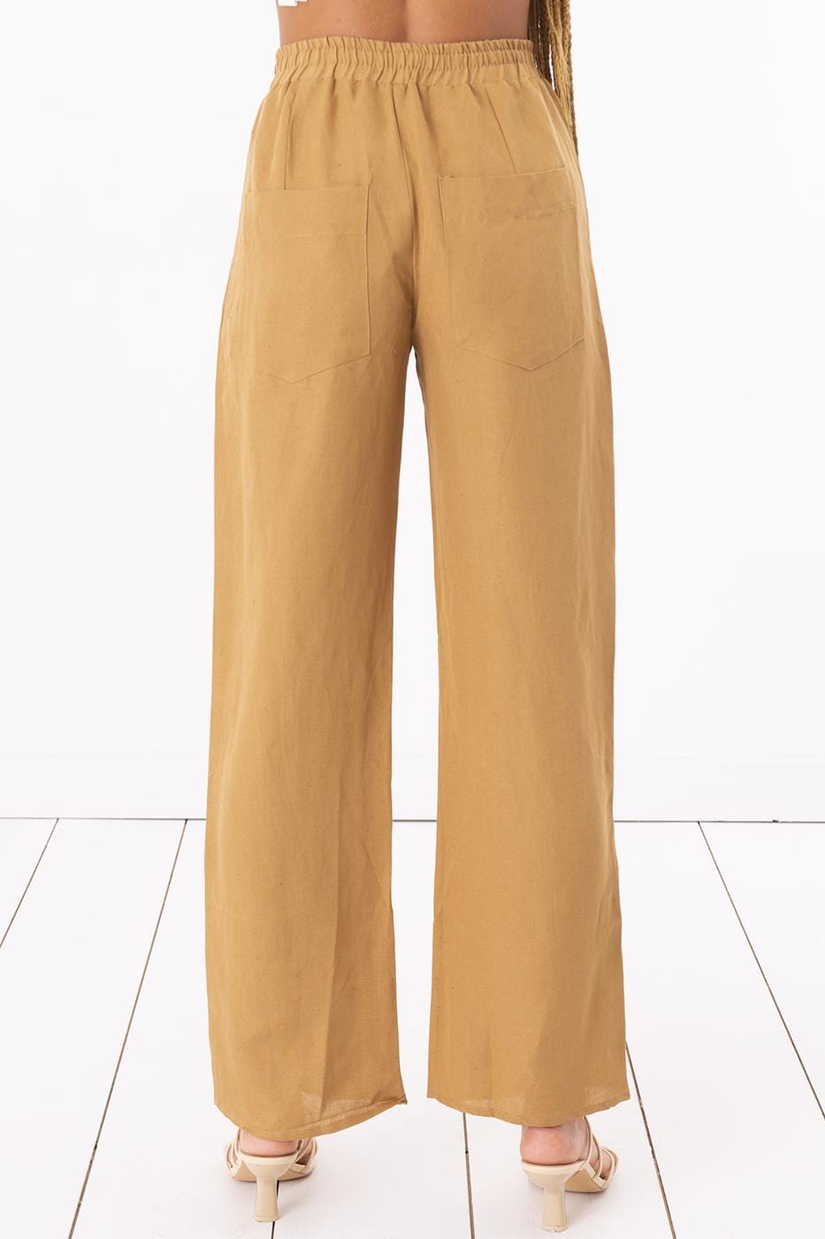 Linen Trousers With Taba Waist Elastic Detail ZEFASH