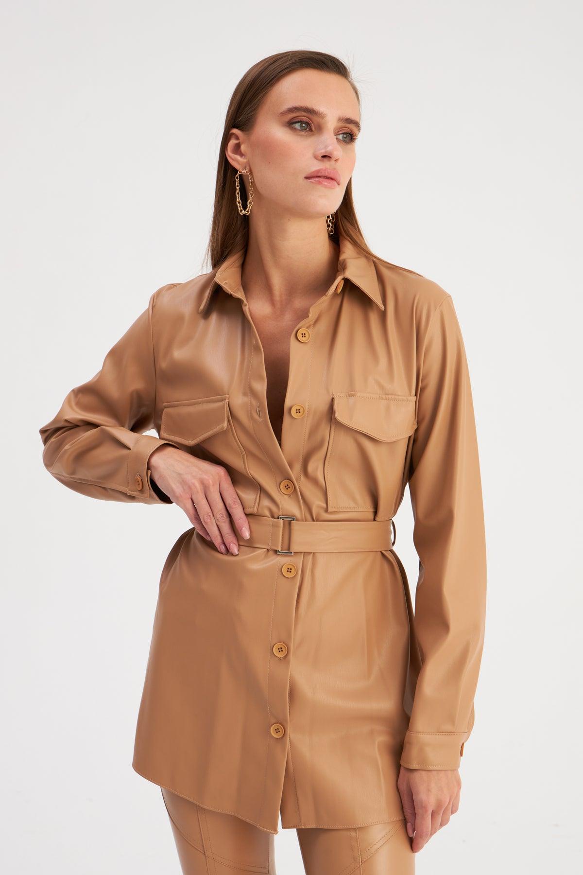 Long Leather Shirt With Belt ZEFASH