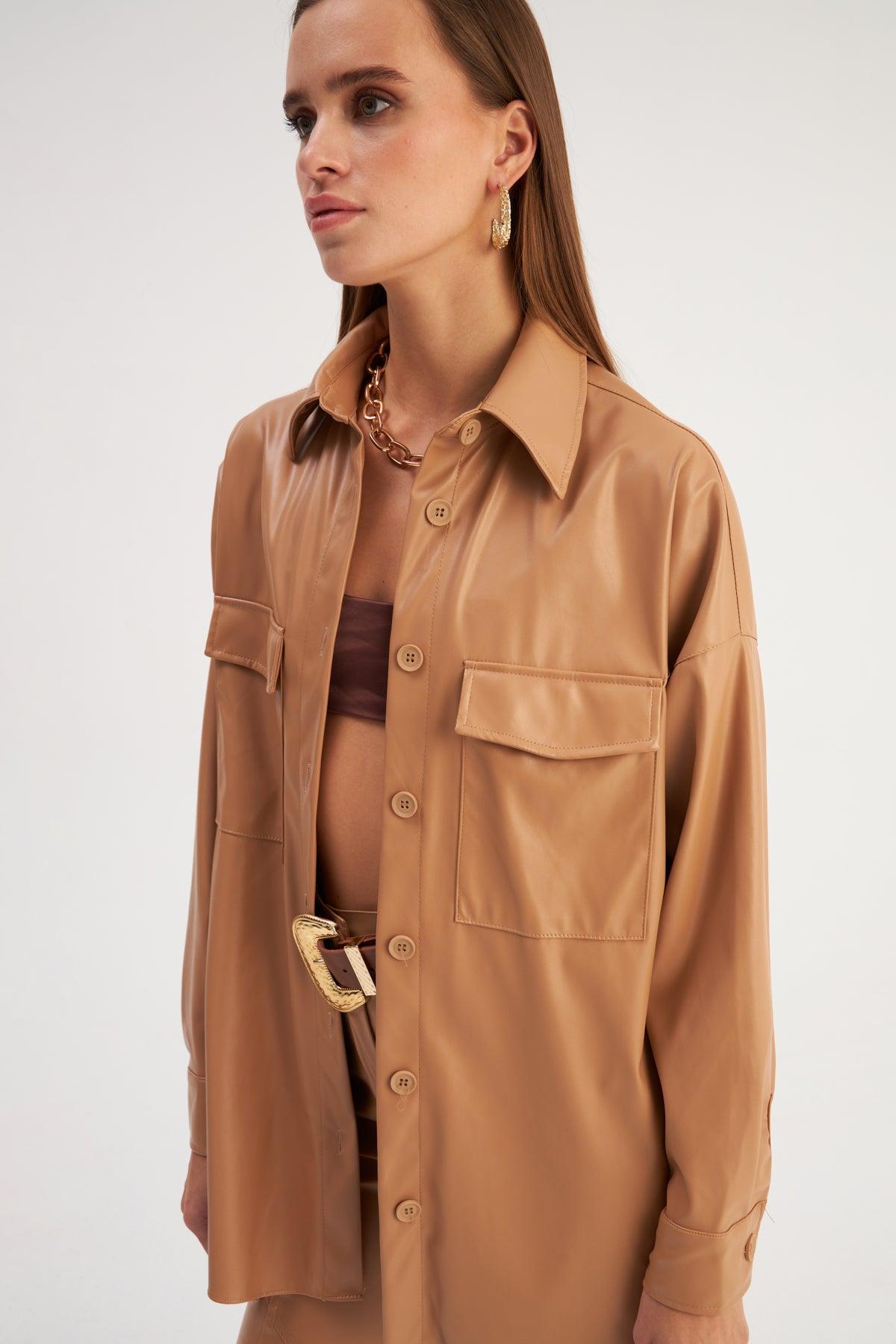 Long Leather Shirt With Pocket ZEFASH