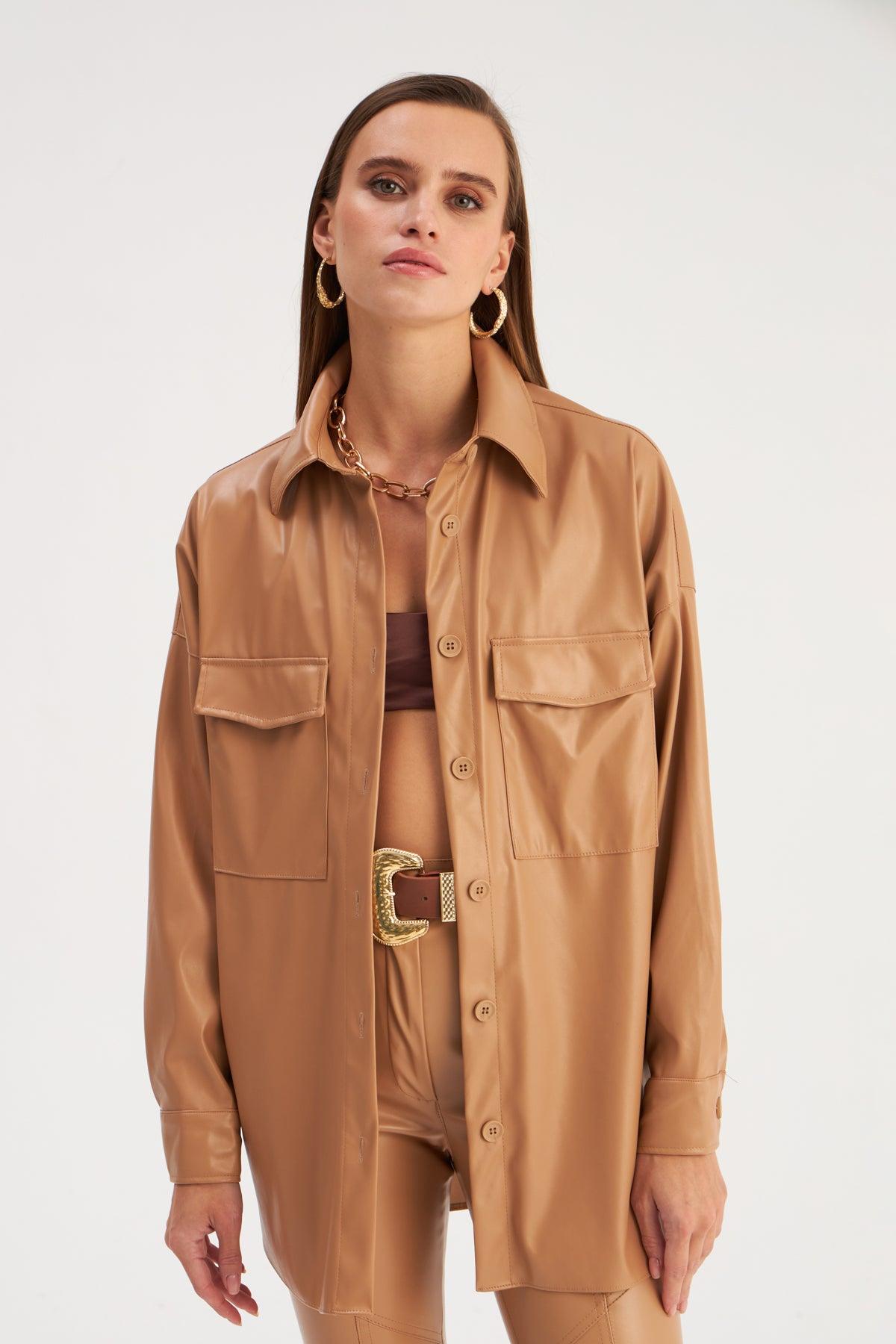 Long Leather Shirt With Pocket ZEFASH