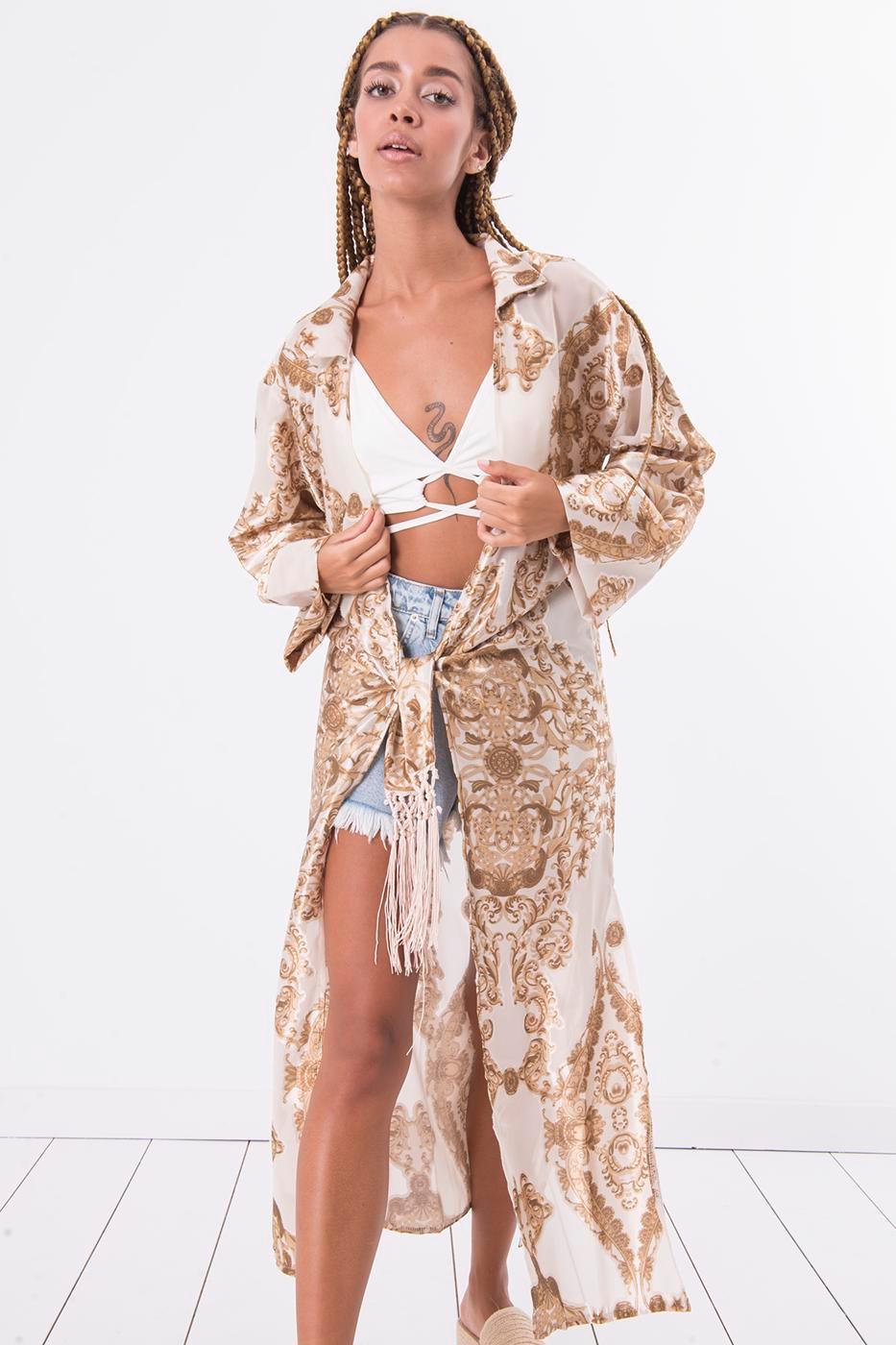 Long Sleeve Slit Detailed Kimono Ecru / XS/S ZEFASH