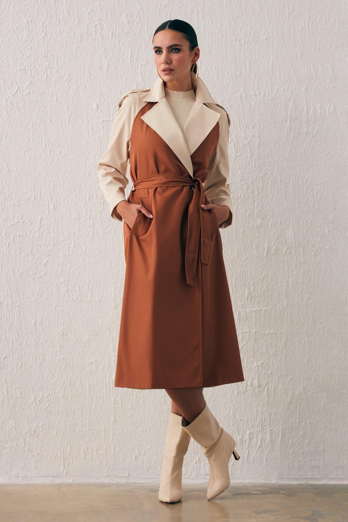 Long Trench Coat With Contrast Pockets Beige Coffee / S / 4 ZEFASH