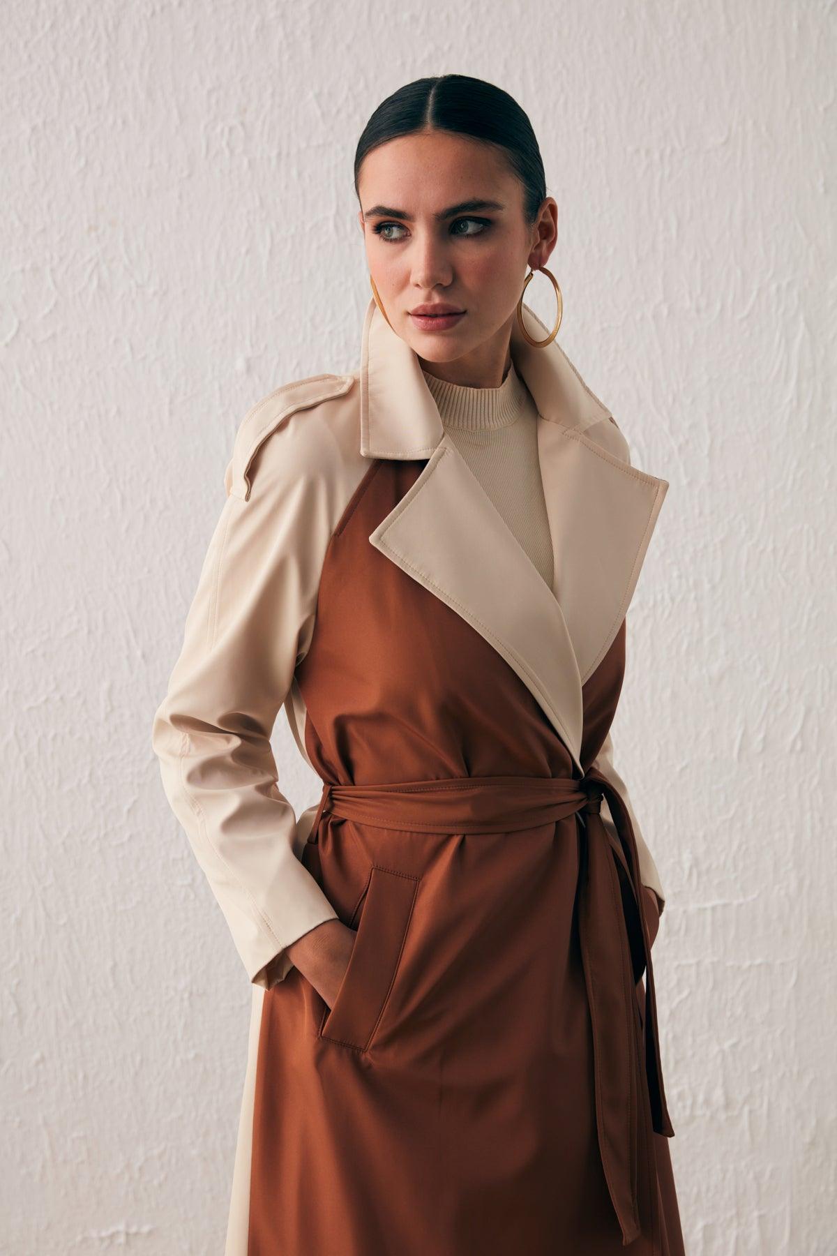 Long Trench Coat With Contrast Pockets ZEFASH