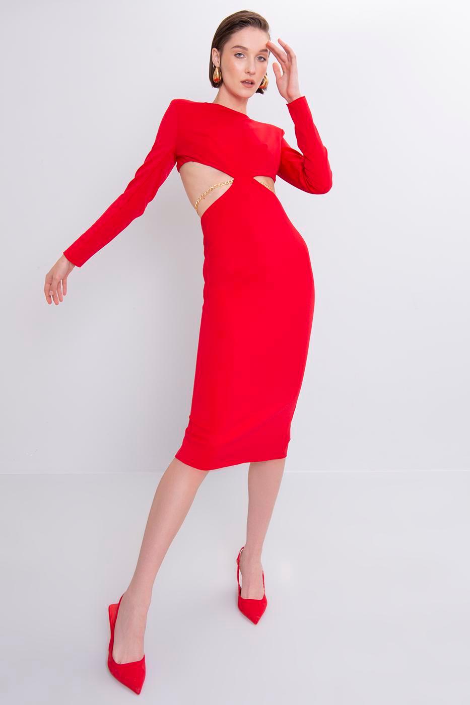 Low Back Chain Detailed Midi Dress Red / XS / 2 ZEFASH