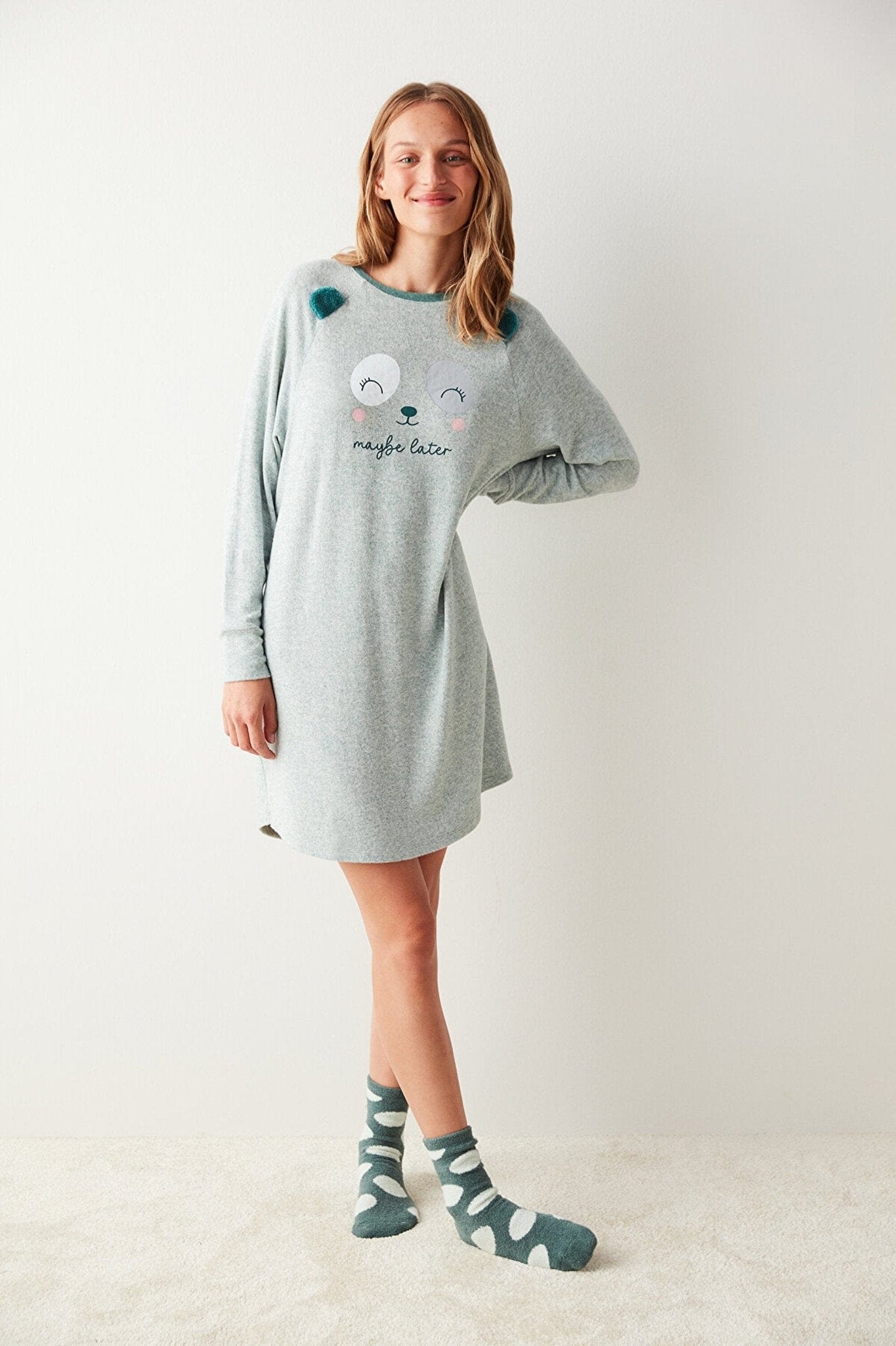 Maybe Later Slogan Printed Long Sleeve Thermal Dress FLEXISB