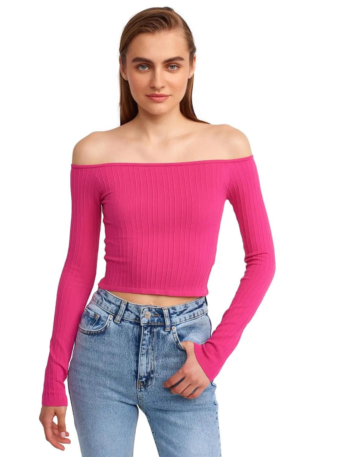 Off Shoulder Sweater Pink / One Size ZEFASH
