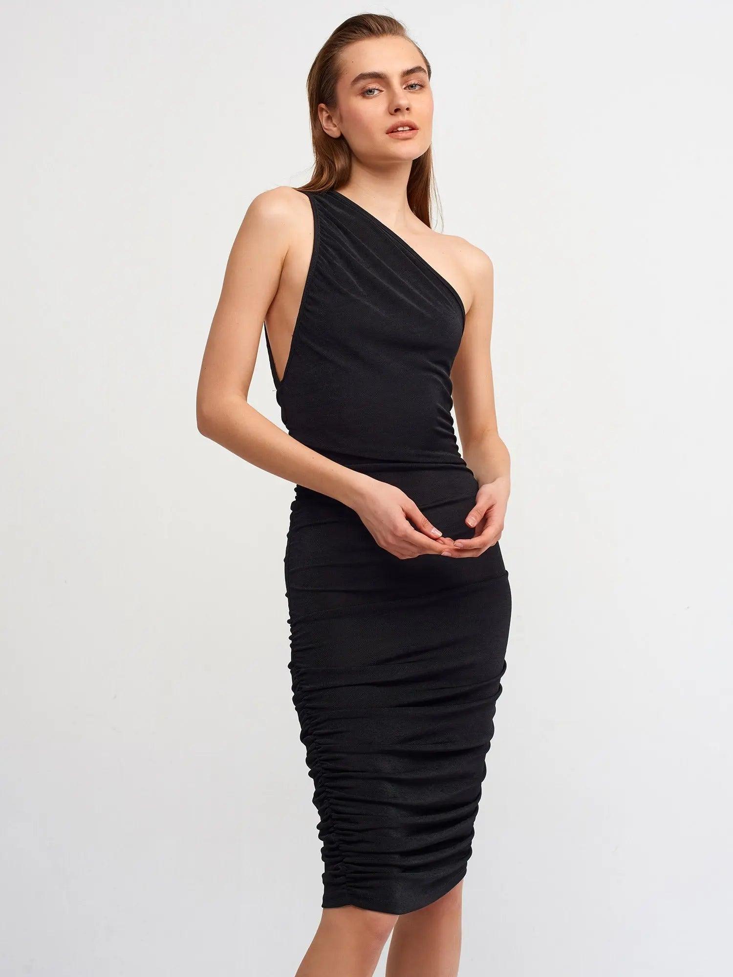 One Shoulder Pleated Dress Black / S / 4 ZEFASH